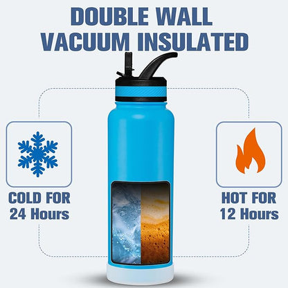 OLDLEY 40 oz Insulated Water Bottle With Straw, Stainless Steel Sports Water Cup Flask with 3 Lids(Straw, Spout and Handle Lid) Double Walled Travel Thermal Canteen Mug,Sky Blue