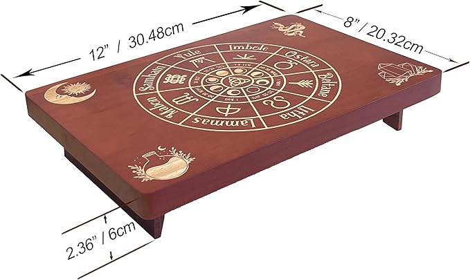 Altar Table, Meditation Table, Small Altar Table, Wooden Witch Altar, Wiccan Alter Table, Buddhist Shrine, Engraved The Wheel of The Year on Table Top, 12 × 8 inches