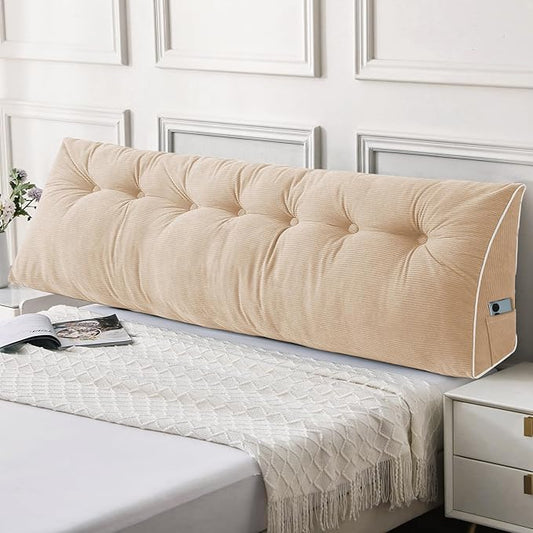 Sasttie Headboard Pillow King, Wedge Pillow Headboard for Sitting Up in Bed, Back-Rest Support Triangular Cushion for Reading - Features Removable Washable Cover, Beige