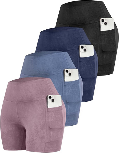CHRLEISURE Womens Biker Yoga Shorts with Pockets: High Waisted Tummy Control Spandex Workout Athletic Gym Shorts 4 Packs