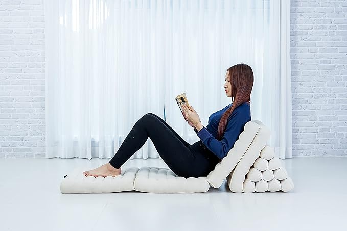 Leewadee Comfortable Japanese Floor Mattress - Thai Floor Bed with Triangle Cushion - Futon Mattress - XL Extra Long Thai Massage Mat, 89 x 20 inches, Ecru, Kapok Filling