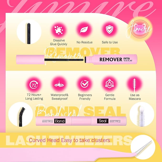Venus Lash Clusters Kit with Bottom Lashes Natural Look Wispy 10-16MM Lash Extension Kit with Lash Bond and Seal, Remover, Tweezers D Curl Cluster Eyelash Extensions Kit Individual Lashes by JIMIRE