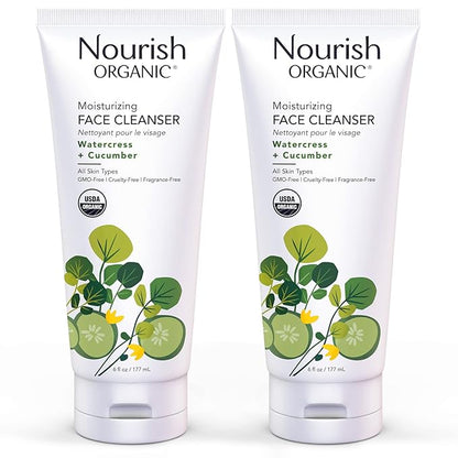 Nourish Organic Moisturizing Face Cleanser for All Skin Types, Watercress + Cucumber Face Wash, Fragrance-Free, 6 Oz (Pack of 2)