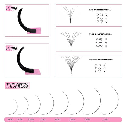 VEYES INC Cashmere Smart Fan Lash Extensions 0.03 0.05 0.07 C/CC/D Curl 8-20mm Mixed & Single Length, Super Matte Black Volume Lashes, Professional Supplies for Lash Techs (0.05 C 17mm)