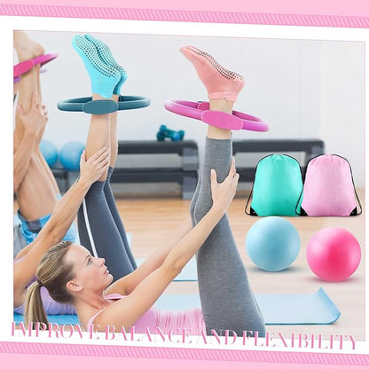 Poen Home Pilates Kit for Women Pilates Equipment Ring and Ball Set with Stretching Strap 8 Resistance Bands Non Slip Socks Gym Back Bags Exercise Equipment for Workout