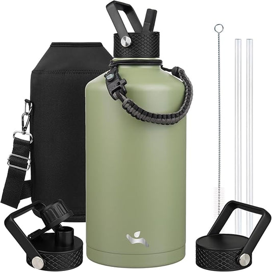 Gallon Insulated Water Bottle with Straw,128 oz 3 Lids Water Jug with Carrying Bag,Paracord Handle, Double Wall Vacuum Stainless Steel Metal Flask,Camp Green