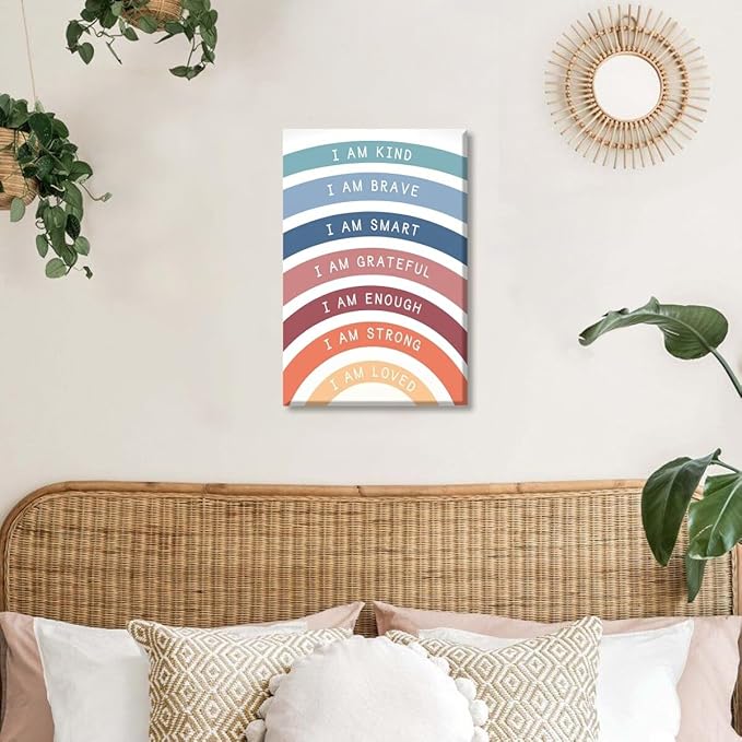 I am Kind Brave Loved Enough Motivational Canvas Wall Art Print Rainbow Quote Inspirational Art Poster Trendy Office Affirmation Wall Decor Minimalist Picture Painting Home Decor 8x12inch Unframed