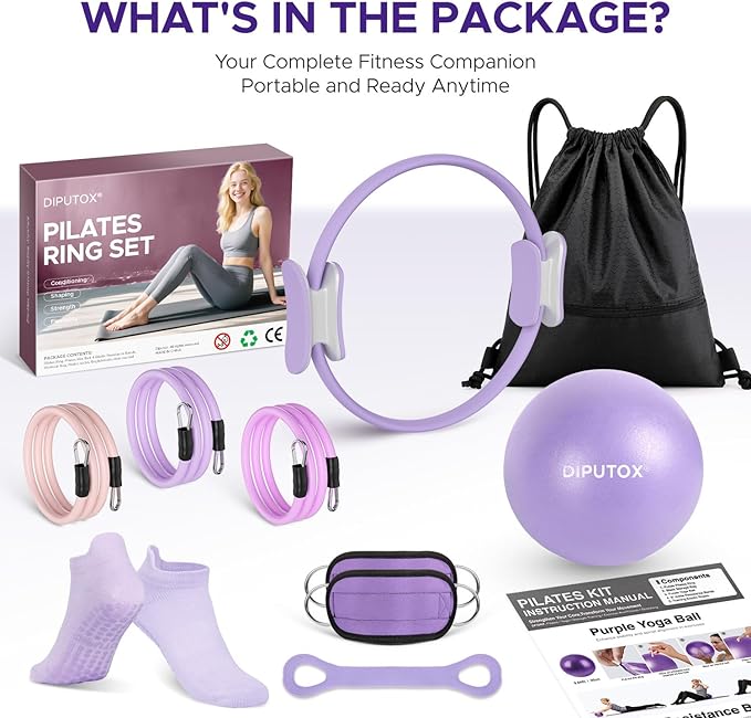 Pilates Ring Kit for Women, Pilates Equipment Accessories, Home Workout Set with Magic Circle, Mini Exercise Ball, Ankle Resistance Bands & Yoga Socks, for Fitness, Toning & Better Me Gifts