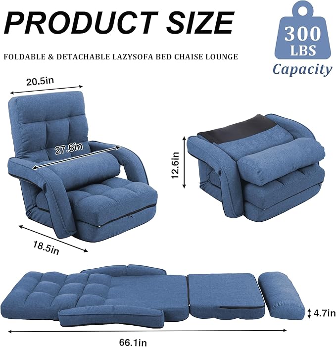 Adjustable Floor Chair for Adults with Back Suppor,5-Position Folding Lazy Sofa with Pillow, Gaming & Meditation Chair with Breathable Fabric - for Living Room, Bedroom, Office,Balcony (Blue)