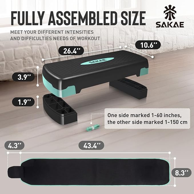 SAKAE Aerobic Step Platform Set with Waist Trimmer & Measuring Tape, Exercise Steppers for Home Exercise Fitness, Adjustable Height 2 Level Risers Workout Step Platform Trainer, Multiple Colors