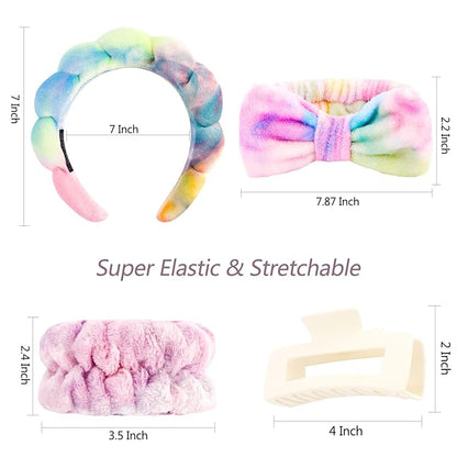 VELSCRUN Spa Headband, Makeup Face Wash Skincare Headbands, 5 Pcs Deep Colorful Sponge Bow Tie Get Ready HairBand Facial Wristband Hair Clips Set, Stuff for Teen Girls Women Trendy Hair Accessories