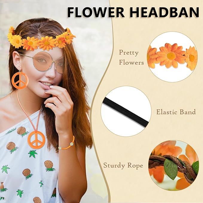 Hippie Costume Accessories Set Peace Sign Necklace Sunglasses Flower Headband Earrings for 60s 70s Outfit Party Women