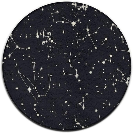 Large Home Decor Mat, Soft Round Yoga Carpet, Non-Slip Machine Washable Kitchen Office Circle Rug Compatible with Zodiac Constellation Galaxy Black Starry Night Stars Glow Dark Midnight