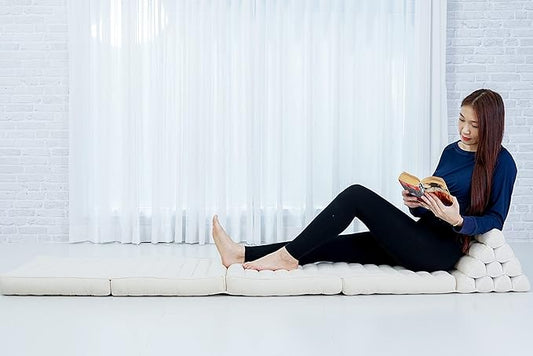 Leewadee Comfortable Japanese Floor Mattress - Thai Floor Bed with Triangle Cushion - Futon Mattress - XL Extra Long Thai Massage Mat, 89 x 20 inches, Ecru, Kapok Filling