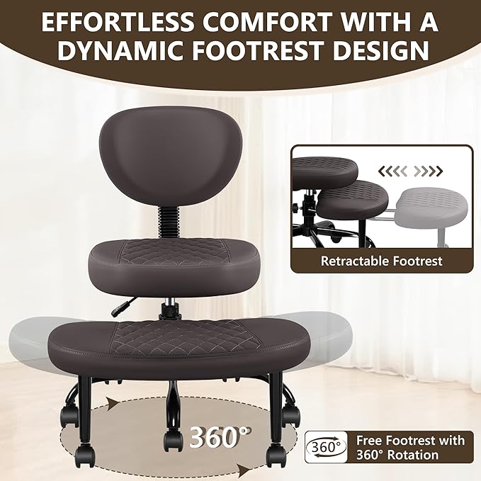 Ergonomic Cross Legged Office Chair with Wheels - Adjustable Height for Meditation, ADHD Desk & Yoga - Wide Criss Cross Design with Lumbar Support, Kneeling Chair - Dark Brown