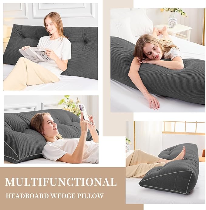 Sasttie Headboard Pillow King, Wedge Pillow Headboard for Sitting Up in Bed, Back-Rest Support Triangular Cushion for Reading - Features Removable Washable Cover, Dark Grey