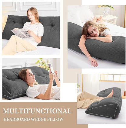 Sasttie Headboard Pillow Full, Wedge Pillow Headboard for Sitting Up in Bed, Back-Rest Support Triangular Cushion for Reading - Features Removable Washable Cover, Dark Grey