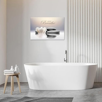 Zen Stone Canvas Wall Art Just Breathe Yoga Quotes Poster for Spa Decor White Lotus Flower Pictures Prints for Bathroom Modern Spiritual Artwork Framed (12 x 16inches)