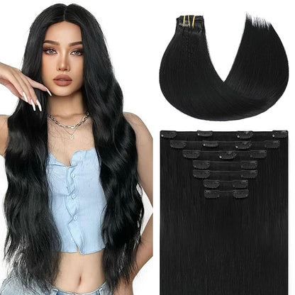 Youngsmile Clip in Hair Extensions Real Human Hair, Thick End Human Hair Clip in Real Hair Extensions,160Gram 7 pcs 22 Inch, #1 Jet Black, Easy to Install Full Head (7C#1-22Inch)