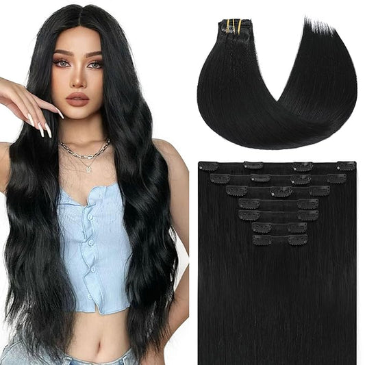 Youngsmile Clip in Hair Extensions Human Hair,Real Human Hair Extensions Clip in for Women,Double Drawn, Thick End, 16 Inch 140g 7pcs,#1 Color Jet Black (7C#1-16Inch)