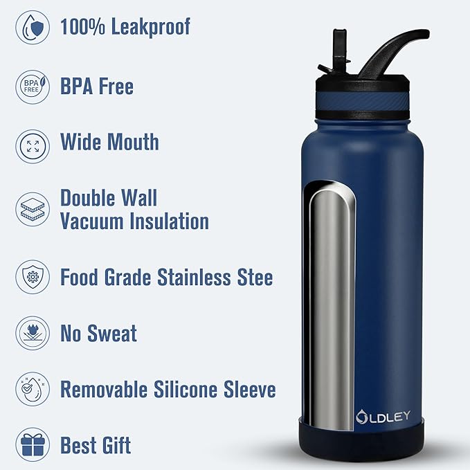 OLDLEY 40 oz Insulated Water Bottle With Straw, Stainless Steel Sports Water Cup Flask with 3 Lids(Straw, Spout and Handle Lid) Double Walled Travel Thermal Canteen Mug,Navy Blue