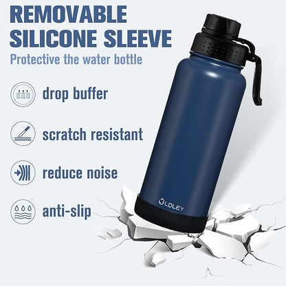 OLDLEY 32 oz Insulated Water Bottle With Straw, Stainless Steel Sports Water Cup Flask with 3 Lids(Straw, Spout and Handle Lid) Double Walled Travel Thermal Canteen Mug,Navy Blue