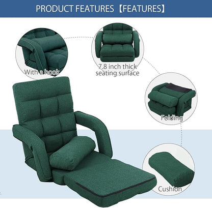 FLOGUOR 14-Position Adjustable Floor Chair, Chaise Lounge Indoor, Folding Lazy Sofa with Armrests and a Pillow Padded Adults Gaming Chairs for Living Room, Bedroom Factory Price, 8803XM (Green)