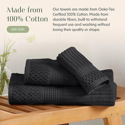 Springtree Home 100% Cotton Bath Towel Set | 6 Piece Set | Absorbent & Quick-Dry Bath Towels | Textured and Durable Cotton | Krista Collection - Black Ink