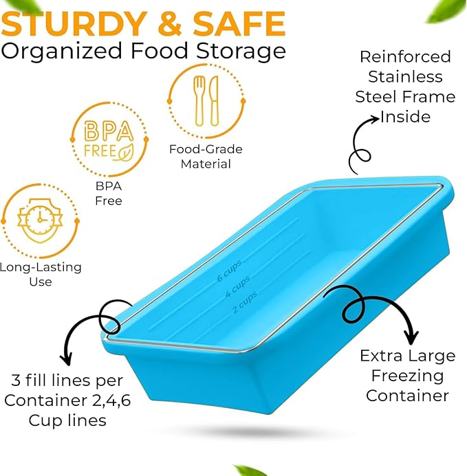(2 Pack) Large Silicone Freezer Containers For Soup, Pasta Sauce, Leftovers, Broth & More - 6 Cup Reusable BPA Free Non Plastic Food Storage Freezing Ice Trays With Lids & Measurement Lines