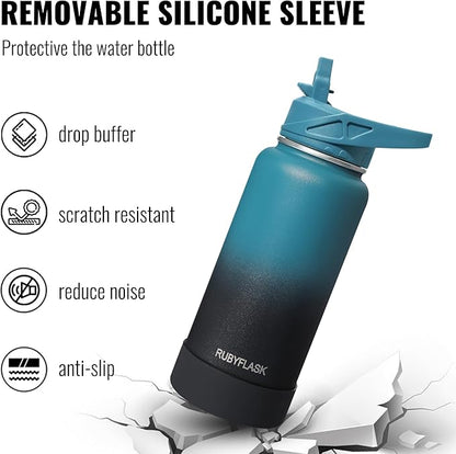 32oz Insulated Water Bottle with Straw, Stainless Steel Metal Vacuum Water Flask, Large Thermal Water bottle with Leakproof 3 Lids for Travel, Camping, Gym Sports Black Gray