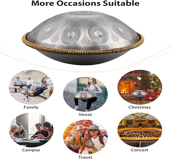 Handpan-Premium 432HZ 22 Inches 10 Notes D Minor Steel Hand Pan Drum Set,Silver Print Adults Handpan Drum