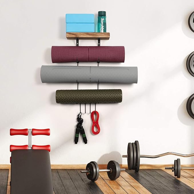 VINAEMO Yoga Mat Holder Accessories Wall Mount Organizer Storage Decor Foam Roller and Towel Storage Rack with 4 Hooks and Wooden Shelves Yoga Mats Rack Resistance Bands for Home Gym School Office