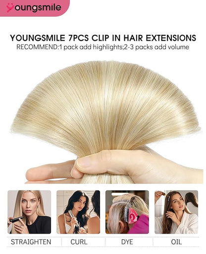 Youngsmile Clip-In Human Hair Extensions Silk Straight, 27 Caramel Blonde with 60 Platinum Blonde Hair Extension Clip in for Women,Double Drawn,22 Inch 160 Grams 7Pcs (7C#27P60-22inch)
