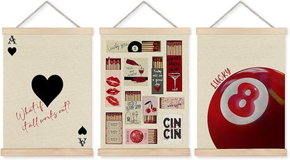 FITIE Trendy Retro Y2K Lucky 8 Ball Ace of Hearts Wall Art Set of 3, Y2K Room Decor, Funky Wall Art Decor, Funky Red Aesthetic Canvas Wall Art Poster Hanger Frame, 12x16 Inches