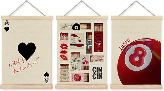 FITIE Trendy Retro Y2K Lucky 8 Ball Ace of Hearts Wall Art Set of 3, Y2K Room Decor, Funky Wall Art Decor, Funky Red Aesthetic Canvas Wall Art Poster Hanger Frame, 12x16 Inches