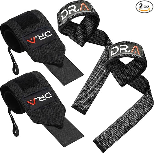 Dr. Arthritis Gym Wrist Wraps & Wrist Straps for Weightlifting Bundle (2 Pairs), Heavy-Duty Workout Straps Support for Everyday Training & Injury Recovery, Lifting Accessories for Men & Women (Black)