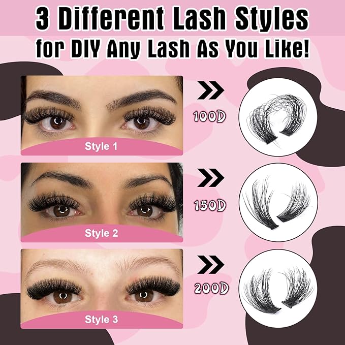 Yawamica Eyelash Extension Kit Fluffier Thick Volume Lash Extension Kit 14-20mm D Curly Mink Lash Clusters 240pcs Individual Lashes Kit with Bond and Seal and Lash Applicator DIY at Home for Beginner