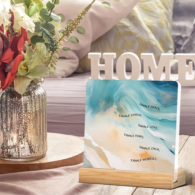 Mental Health Art Desk Decor, Watercolor Motivational Therapy Desk Signs Inhale Exhale Acrylic Desk Plaque Sign Counseling Office Classroom Home Decoration 4 x 4 Inches