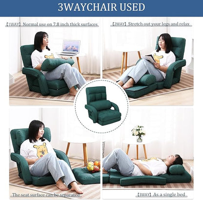 FLOGUOR 14-Position Adjustable Floor Chair, Chaise Lounge Indoor, Folding Lazy Sofa with Armrests and a Pillow Padded Adults Gaming Chairs for Living Room, Bedroom Factory Price, 8803XM (Green)