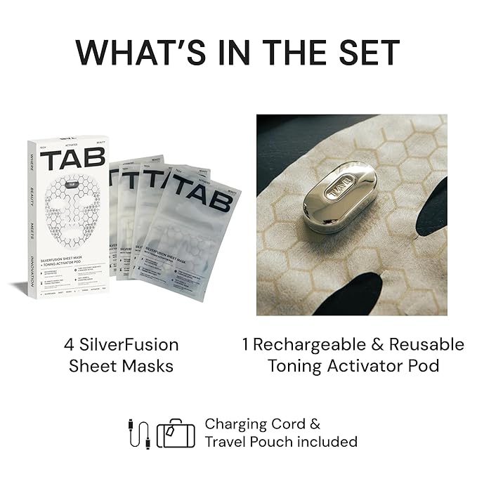 TAB SilverFusion Sheet Mask Pack with Toning Activator Pod – Silver-Infused Face Mask Set with Rechargeable Toning Device, Hydrating Sheet Masks for Men & Women