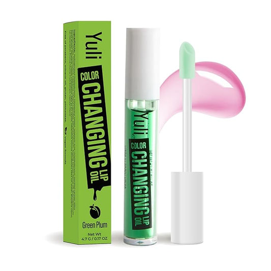 The Beauty Spy Yuli Color Changing Lip Oil - Korean Fruit Lip Gloss - pH-Reactive Formula with Argan Oil, Squalane, Shea Butter - Hydrate & Soften Lips, Glass Shine Effect (Green Plum)