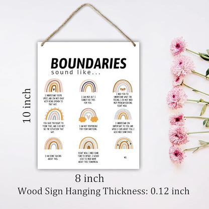 Hanging Plaque With Rope, Home Wall Decor Wood Boundaries Sign, Door Decor Mental Health Rainbow Wood Sign for Study Dining Room Psychological Counseling Office Bedroom, Farmhouse Art Plaque Gift -25