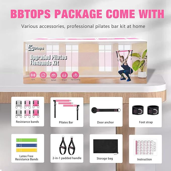 Pilates Bar Kit with Resistance Bands,Pilates Bar with Stackable Bands Workout Equipment for Legs,Hip,Waist and Arm,Exercise Fitness Equipment for Women & Men Home Gym Yoga Pilates