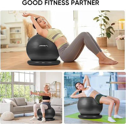 APEXUP Yoga Ball Chair, Exercise Ball Chair with Base for Office, Anti Slip Stability Ball Fitness Ball Seat, Home Gym Workout Ball, Balance Ball with Pump (Black, XL)