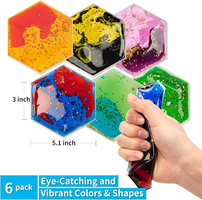 Art3d Hexagon Sensory Fidget Liquid Motion Tiles for Kids, Toddler, Teens - Interactive Soft Gel Liquid Play Mats for Home, Schools, Playrooms, Multi-Pack of 6 Tiles