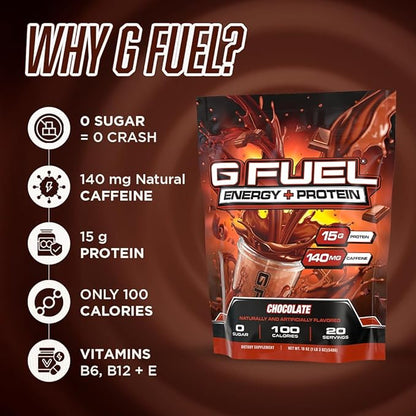 G Fuel Protein + Energy Drink Powder, Pre Workout Caffeine Mix for Gaming, Sugar Free Focus Amino, Vitamin + Antioxidants, 19oz (Chocolate, 20 Servings)