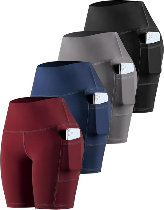 CHRLEISURE Womens Biker Yoga Shorts with Pockets: High Waisted Tummy Control Spandex Workout Athletic Gym Shorts 4 Packs