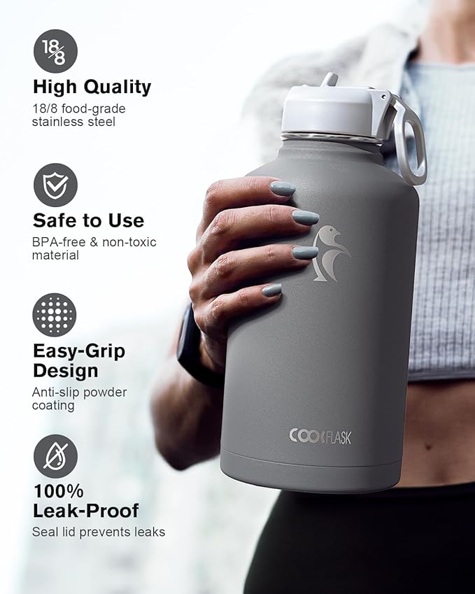 Half Gallon Water Bottle Insulated with Straw & 3 Lids, Coolflask 64 oz Water Jug Large Metal Stainless Steel Wide Mouth for Sports, Gym or Office, Non-BPA Keep Cold 48H Hot 24H, Dark Grey