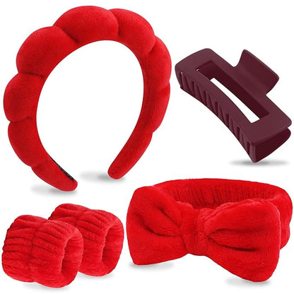 VELSCRUN Spa Headbands for Wash Face, Makeup Headband, Facial Skincare Headbands, 5 Pcs Red Puffy Sponge Spa Headband Bow Tie Hair Band Hair Clips Wristband Set Women Girls Accessories