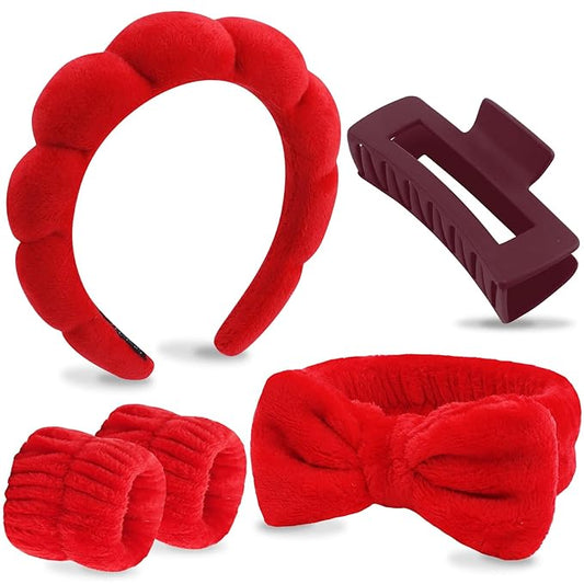VELSCRUN Spa Headbands for Wash Face, Makeup Headband, Facial Skincare Headbands, 5 Pcs Red Puffy Sponge Spa Headband Bow Tie Hair Band Hair Clips Wristband Set Women Girls Accessories